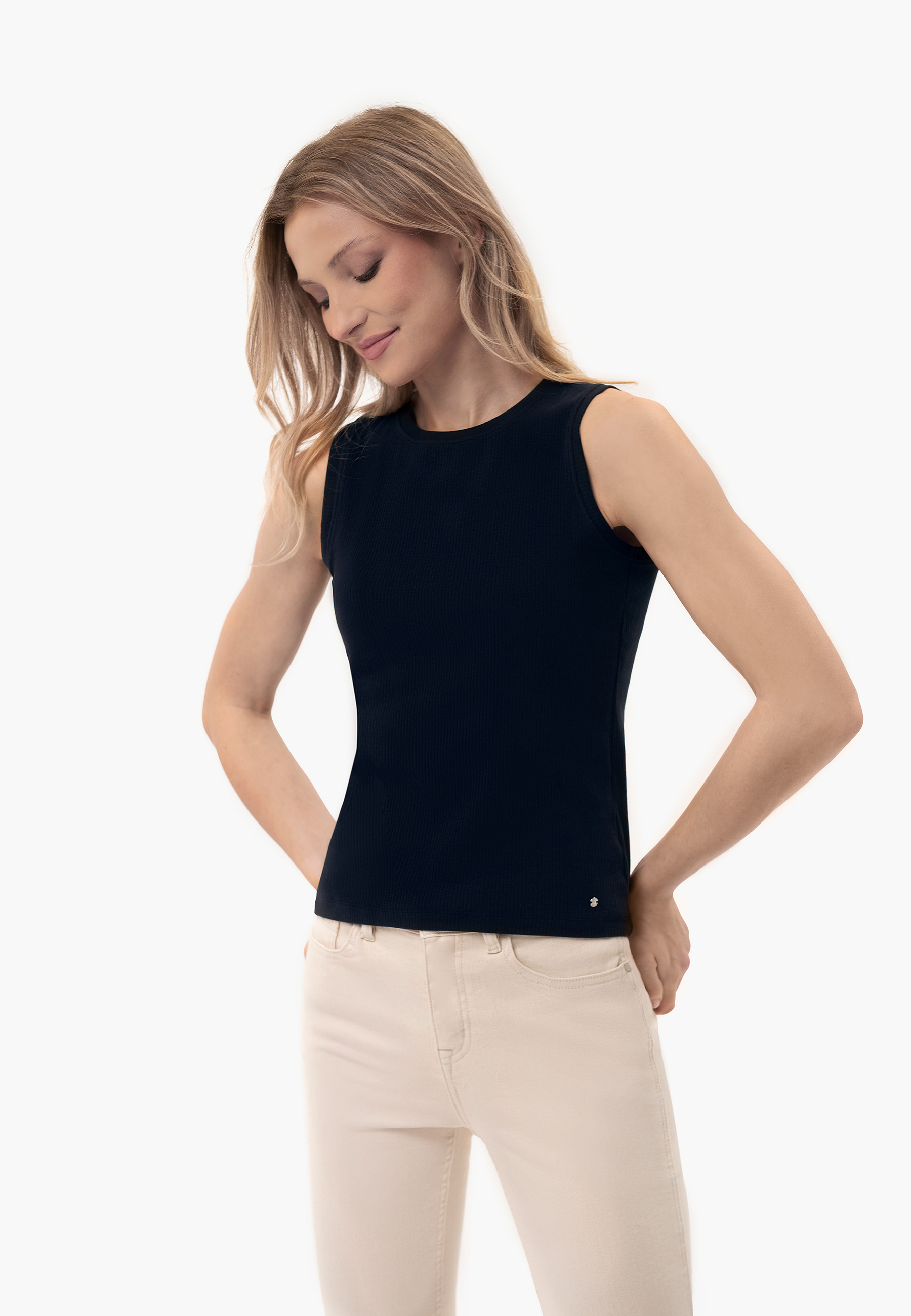 Granatowy, prążkowany top, Slim Fit, T-DEMI